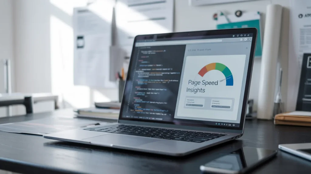 Laptop mostrando código HTML y un medidor de velocidad de carga web