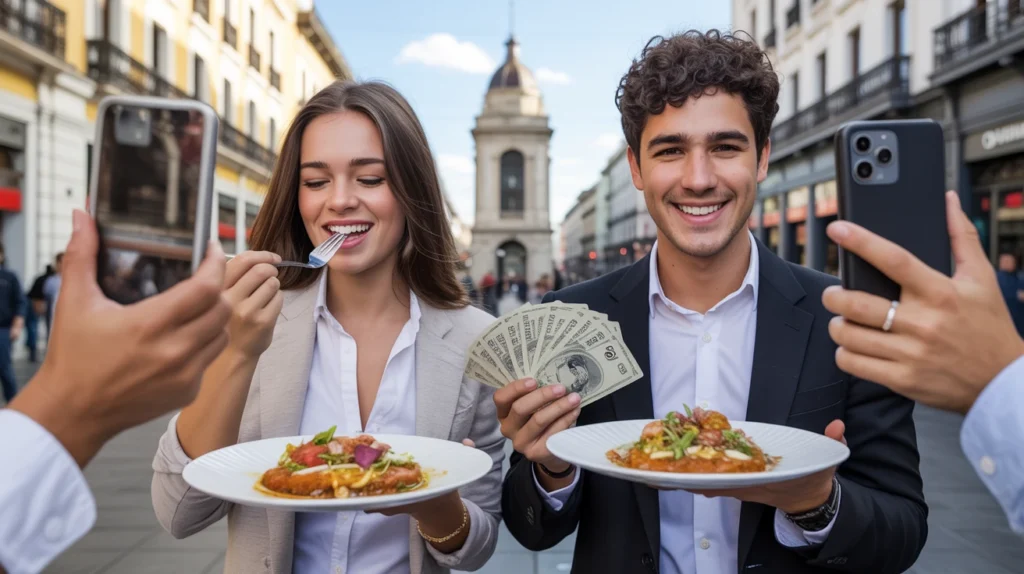 Pareja de influencers foodies buenos y malos grabados en Pasto, mostrando pros y contras del marketing gastronómico local.