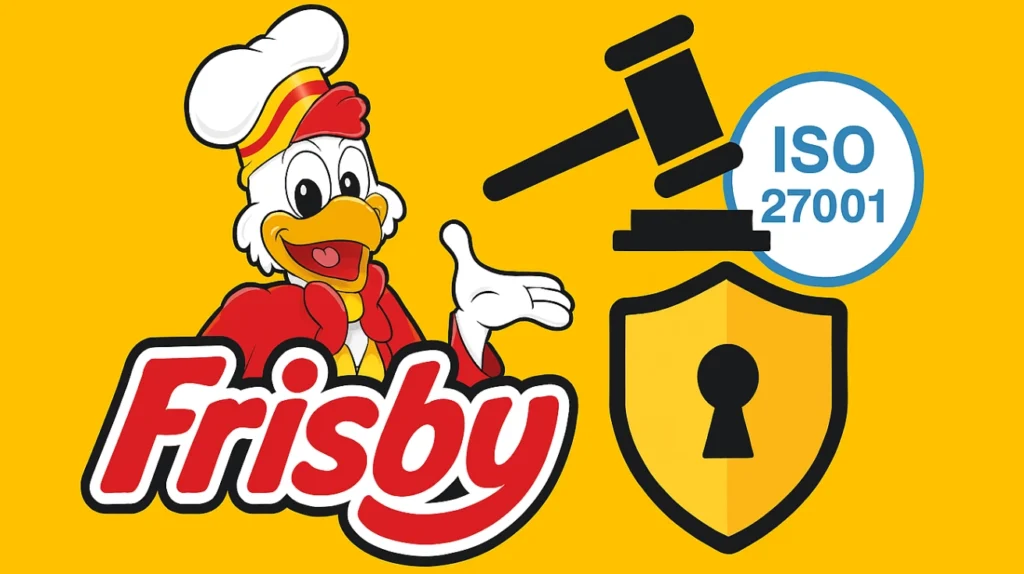 Ilustración del logo de Frisby con símbolos de seguridad de la información y justicia legal como gavel, escudo y certificación ISO 27001