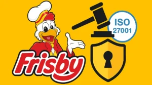 Ilustración del logo de Frisby con símbolos de seguridad de la información y justicia legal como gavel, escudo y certificación ISO 27001