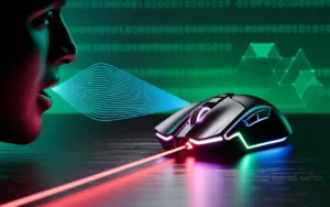 Mouse gamer emitiendo láser con onda sonora reflejada de una persona que habla