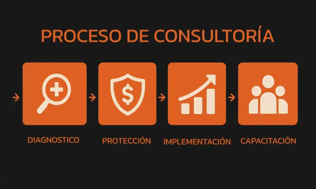 Diagrama del proceso de consultoría en 5 pasos: diagnóstico, plan personalizado, implementación, capacitación y monitoreo