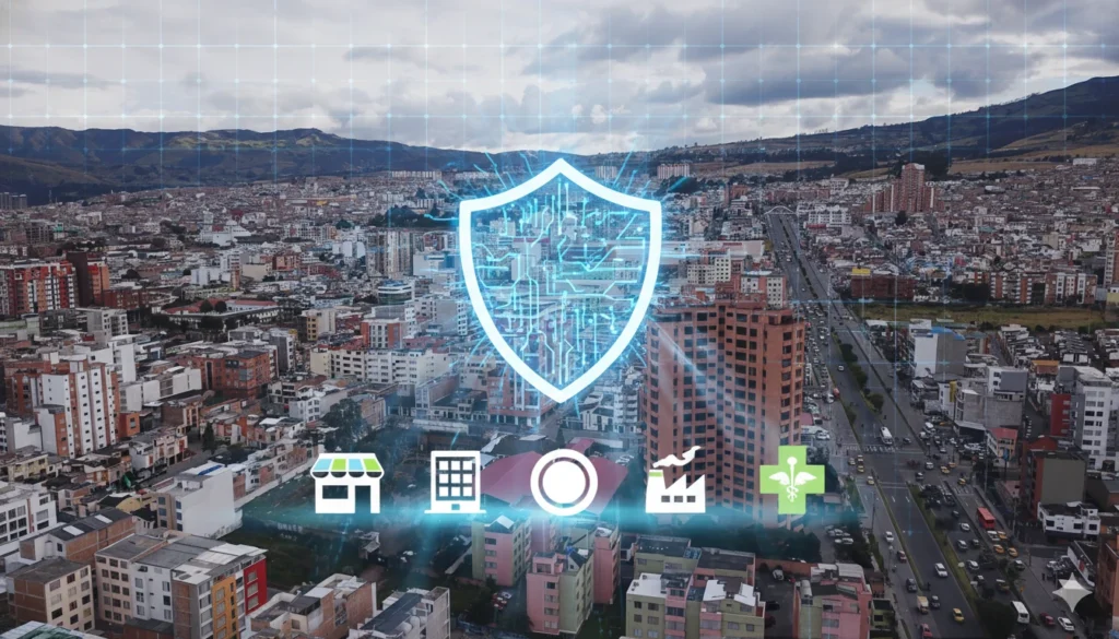 Ilustración de protección digital para empresas locales con escudo de ciberseguridad y skyline de Pasto