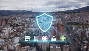 Ilustración de protección digital para empresas locales con escudo de ciberseguridad y skyline de Pasto