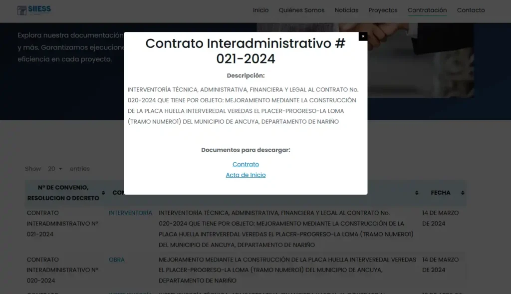 Módulo que organiza los procesos contractuales de forma clara y descargable, cumpliendo con las exigencias de transparencia del Estado colombiano.