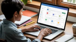Estudiante usando una plataforma e-learning en su laptop con interfaz tipo Moodle, ideal para educación virtual en instituciones técnicas.