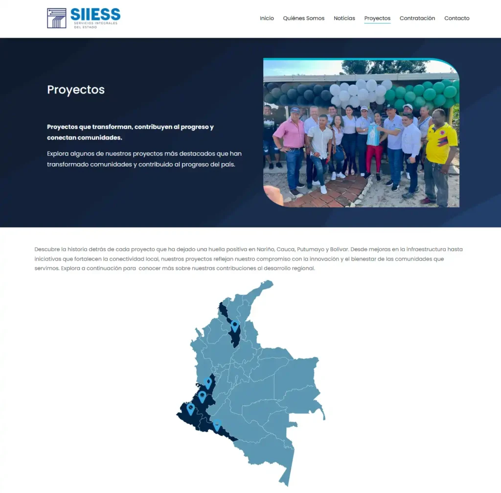 Sección del sitio web donde se visualizan los proyectos activos de SIIESS a nivel nacional, con filtro por departamento y ubicación dinámica.