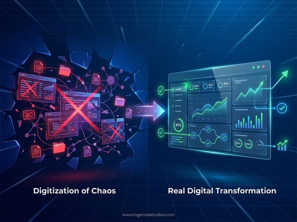 Infografía que compara la digitalización del caos con procesos rotos y datos sin uso versus la transformación digital real con procesos optimizados y resultados medibles - Ingenia Estudios