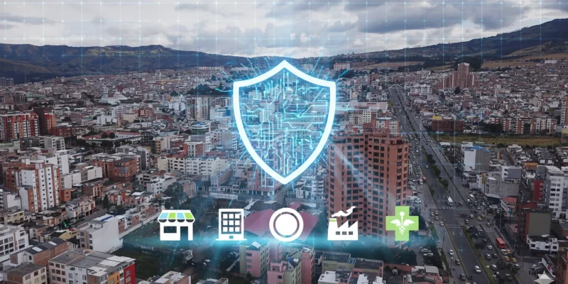 Ilustración de protección digital para empresas locales con escudo de ciberseguridad y skyline de Pasto