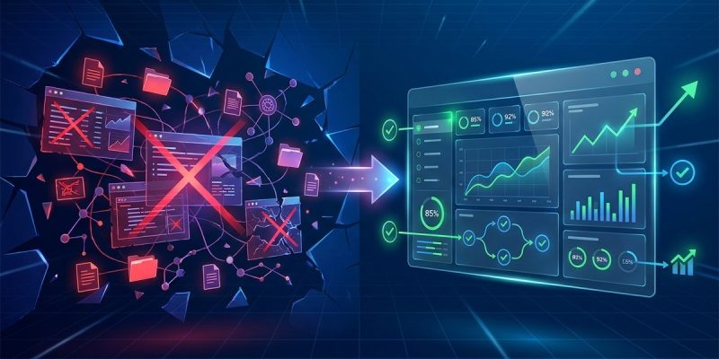 Infografía que compara la digitalización del caos con procesos rotos y datos sin uso versus la transformación digital real con procesos optimizados y resultados medibles - Ingenia Estudios