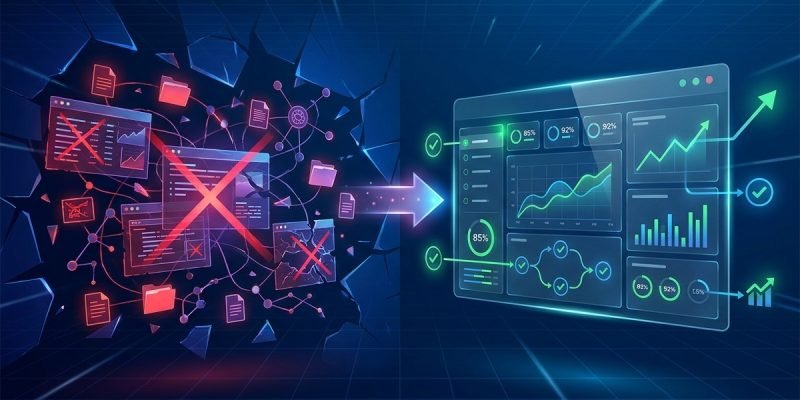 Infografía que compara la digitalización del caos con procesos rotos y datos sin uso versus la transformación digital real con procesos optimizados y resultados medibles - Ingenia Estudios