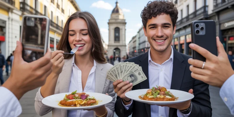 Pareja de influencers foodies buenos y malos grabados en Pasto, mostrando pros y contras del marketing gastronómico local.