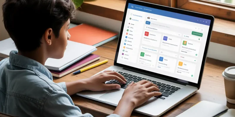 Estudiante usando una plataforma e-learning en su laptop con interfaz tipo Moodle, ideal para educación virtual en instituciones técnicas.
