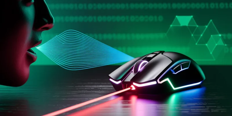 Mouse gamer emitiendo láser con onda sonora reflejada de una persona que habla