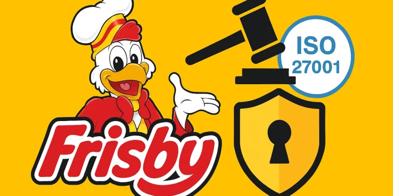 Ilustración del logo de Frisby con símbolos de seguridad de la información y justicia legal como gavel, escudo y certificación ISO 27001