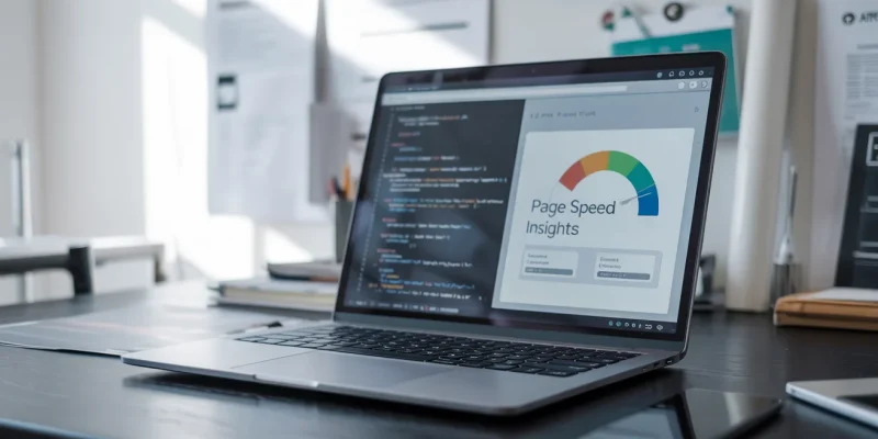 Laptop mostrando código HTML y un medidor de velocidad de carga web